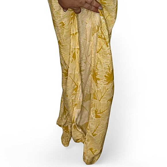 Olivaceous Yellow Halter Jumpsuit Large Split Leg Yellow Palm Print 1-Piece Boho - Picture 4 of 10